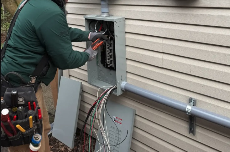 Electrician working inside an exterior meter panel on the side of a house